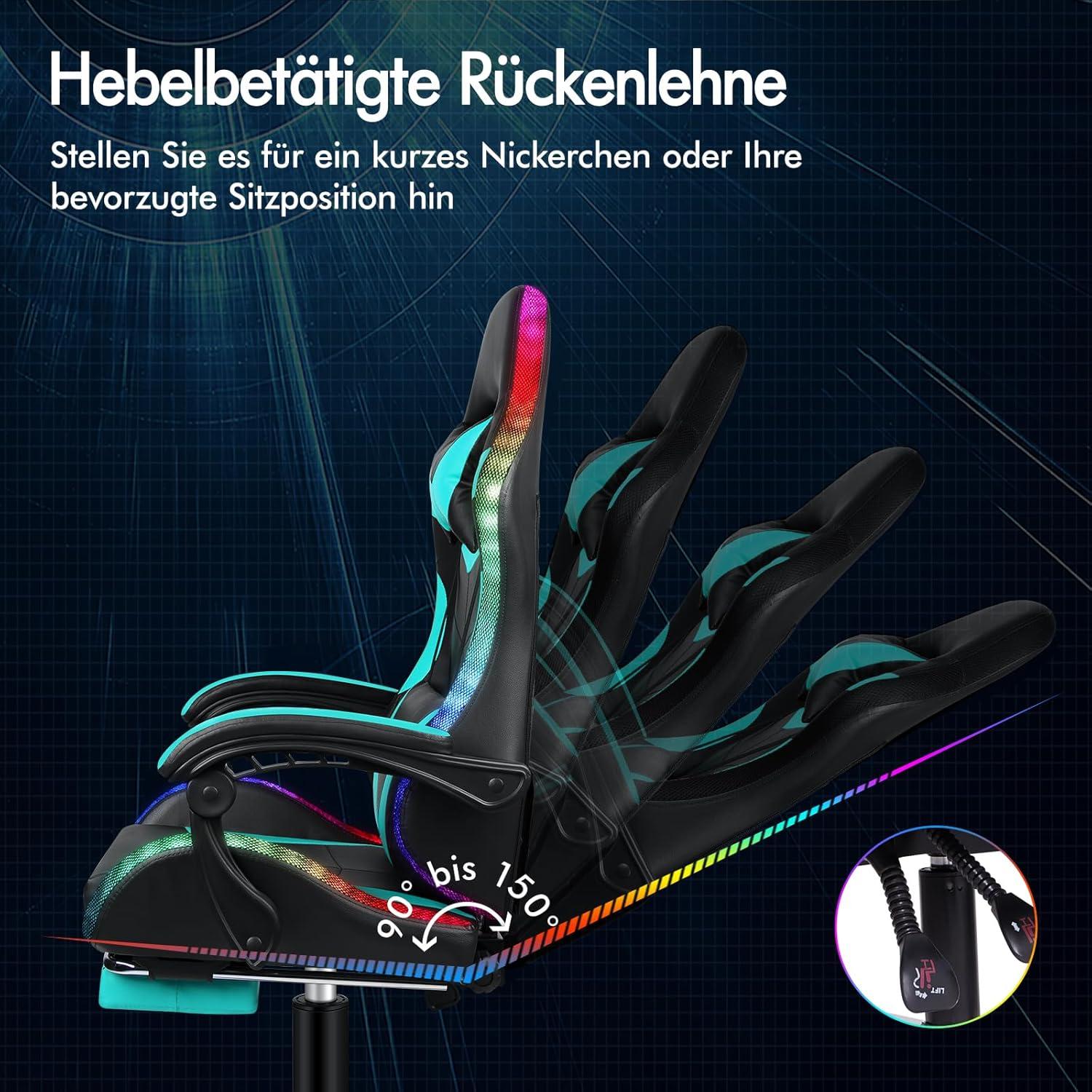 ALFORDSON Gaming-Stuhl LED 150° Neigung Massage PU höhenverstellbar Cyan Lyam