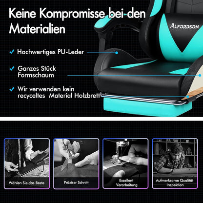 Massage-Gaming-Stuhl LED 150° Neigung ergonomischer Chefsessel PU-Leder Fußstütze höhenverstellbar Rennstuhl 180 kg Cyan Lyam-Serie