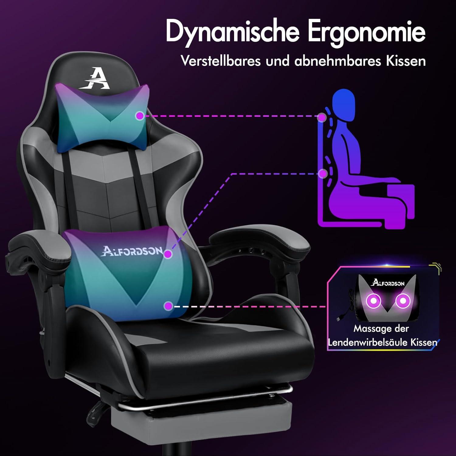 ALFORDSON Gaming-Stuhl mit Massagepunkten und Fußstütze Grau Eryx Serie