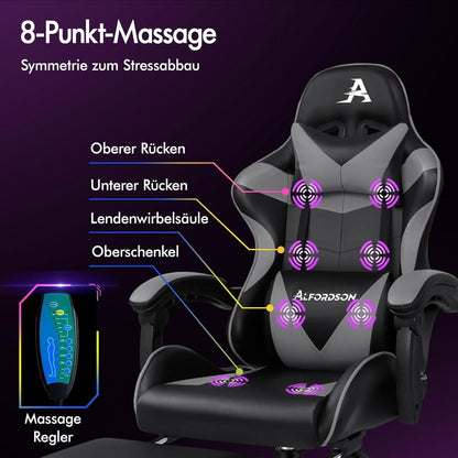 Gaming-Stuhl mit Fußstütze, Massagepunkten, 150° Neigung, Grau Eryx