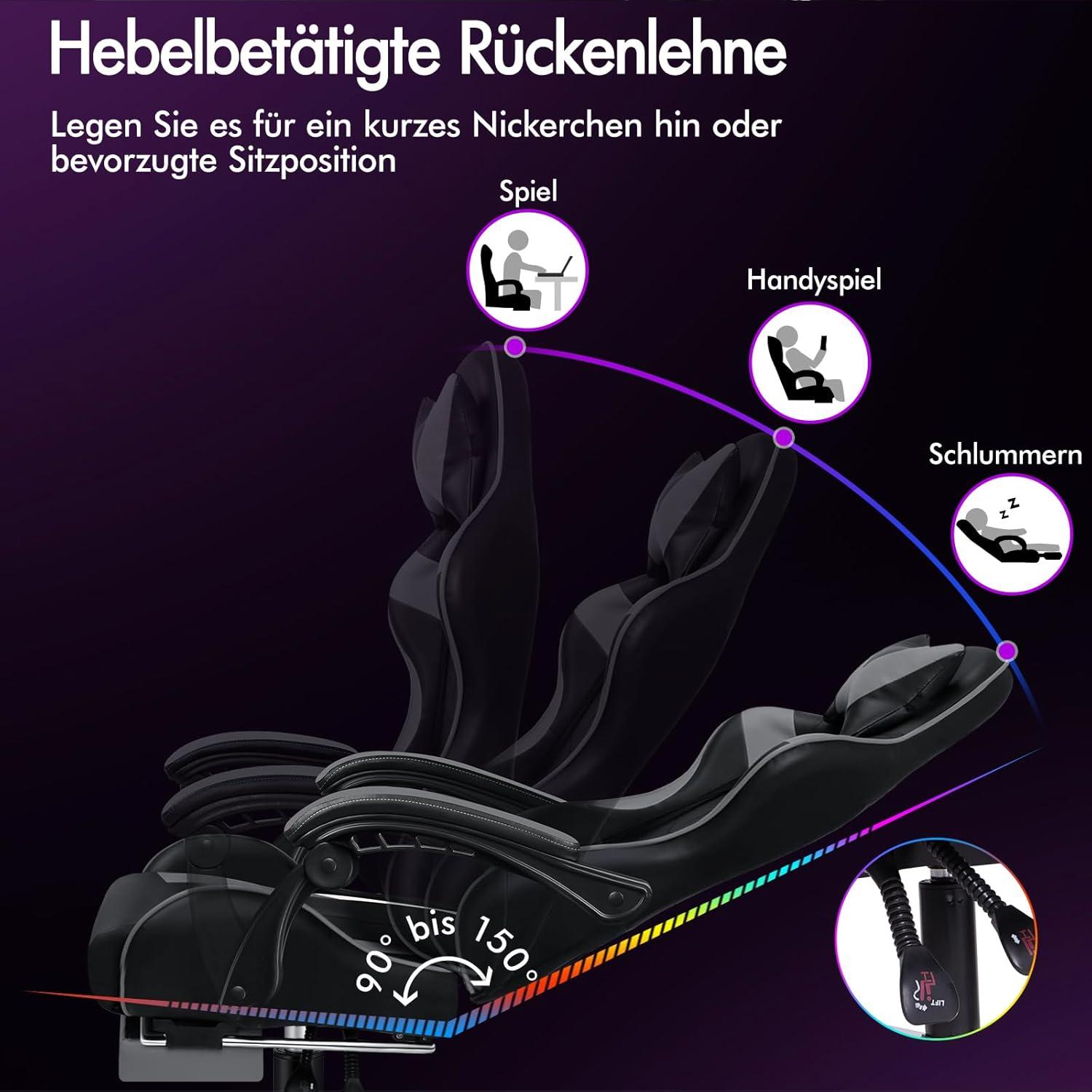 Gaming-Stuhl mit Massagefunktion, Fußstütze, 150° Neigung und 180 kg