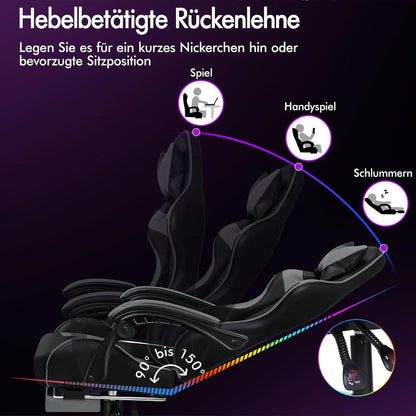Gaming-Stuhl mit Massagefunktion, Fußstütze, 150° Neigung und 180 kg