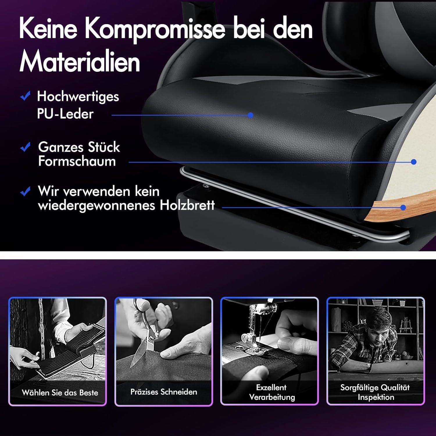 Gaming-Stuhl mit Fußstütze, Massagepunkten, 150° Neigung, Grau Eryx