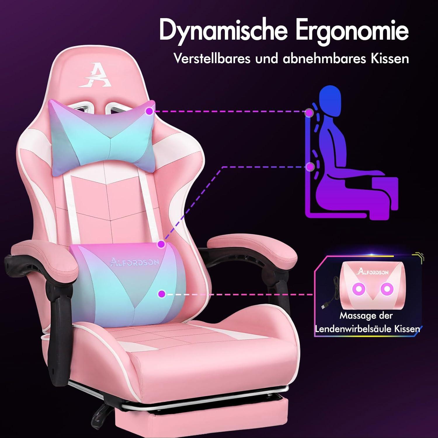 Gamer-Stuhl mit Massagefunktion und einziehbarer Fußstütze, 150° Neigung, ergonomisch, höhenverstellbar, Rosa