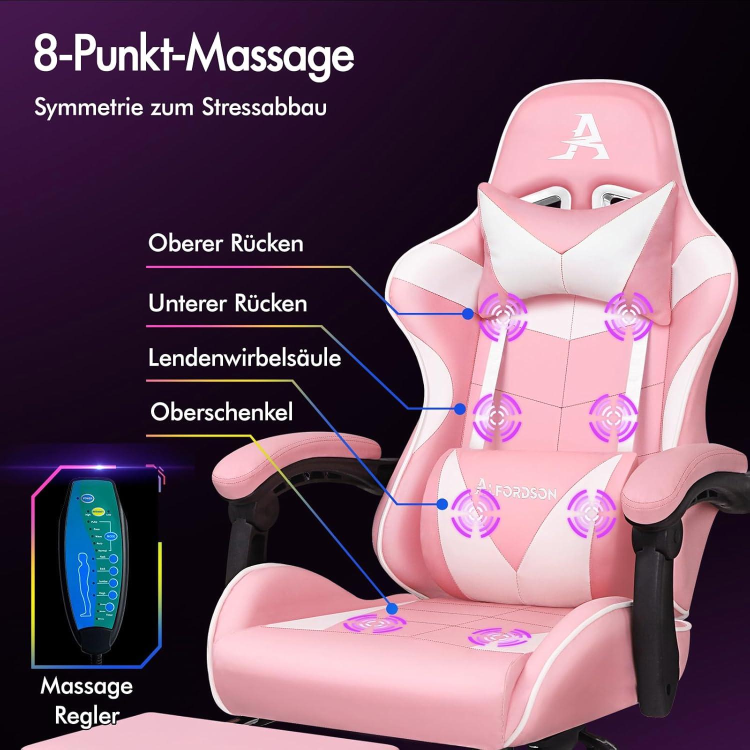 Gamer-Stuhl mit einziehbarer Fußstütze und Massagepunkten 150° Neigung Rosa Eryx