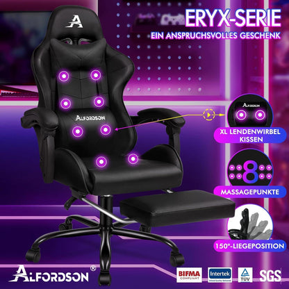 Gamer-Stuhl mit 8 Massagepunkten und einziehbarer Fußstütze