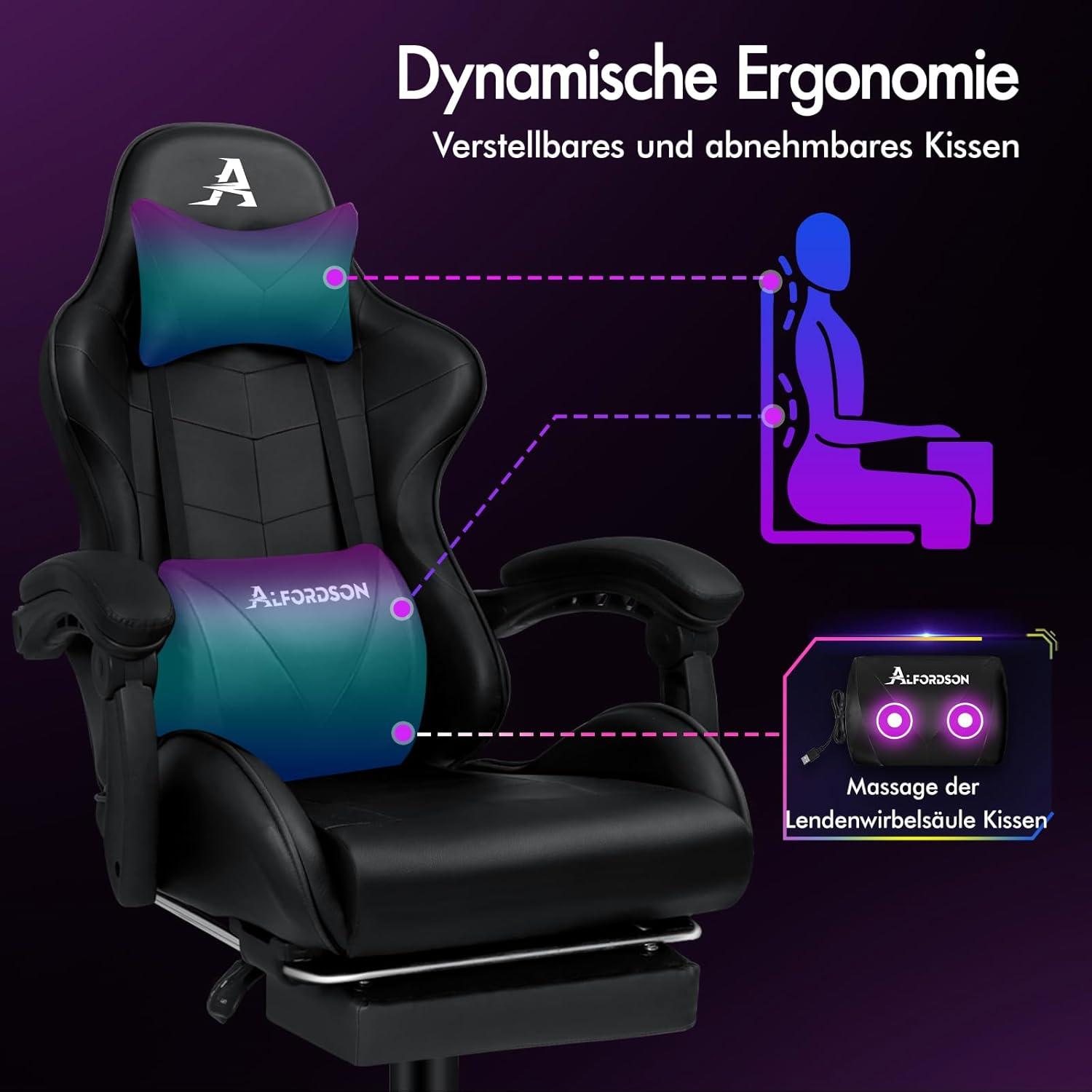 ALFORDSON Gamer Stuhl mit Massage 150° Neigung Schwarz Eryx