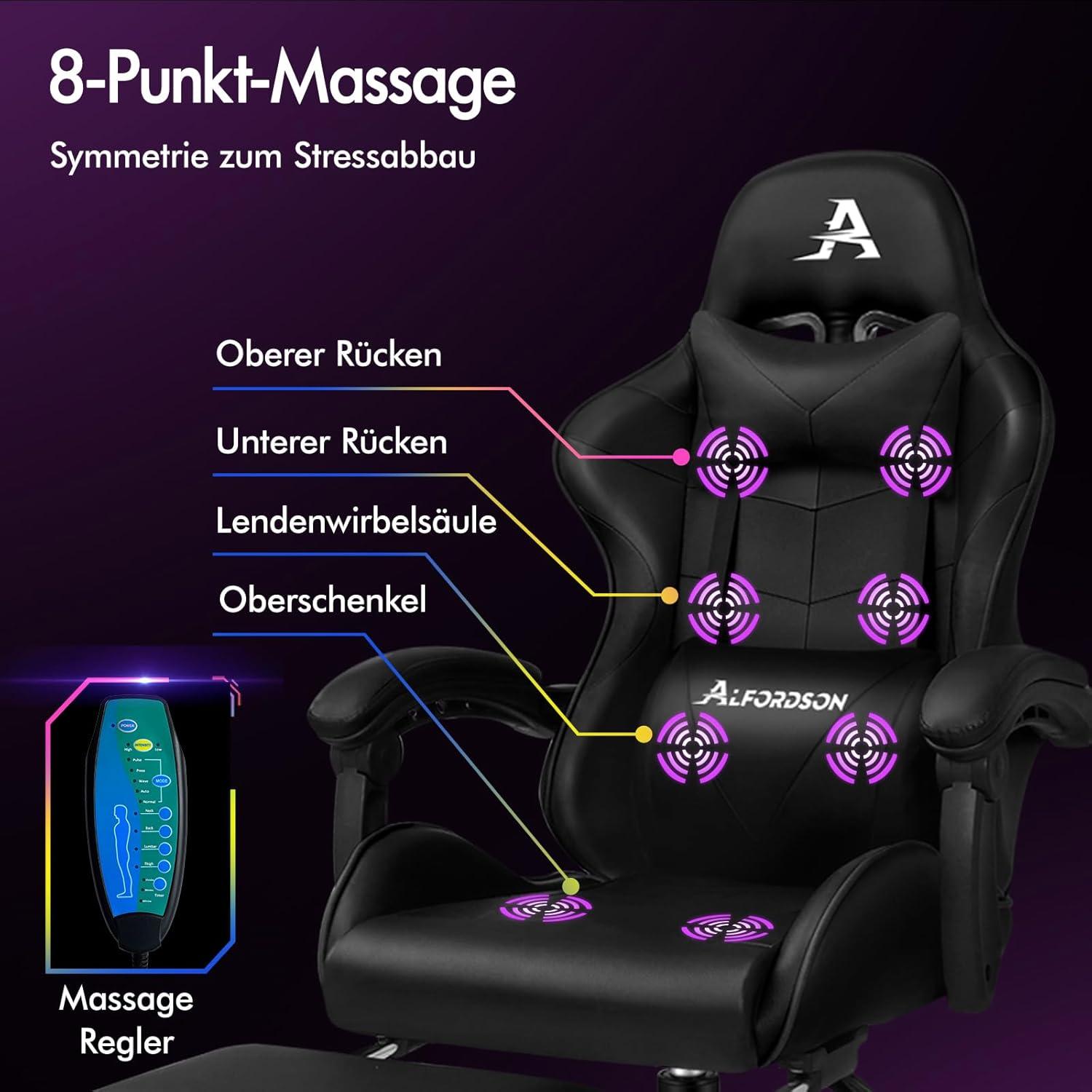 ALFORDSON Gaming-Stuhl mit Massage und Fußstütze, 150° Neigung, höhenverstellbar