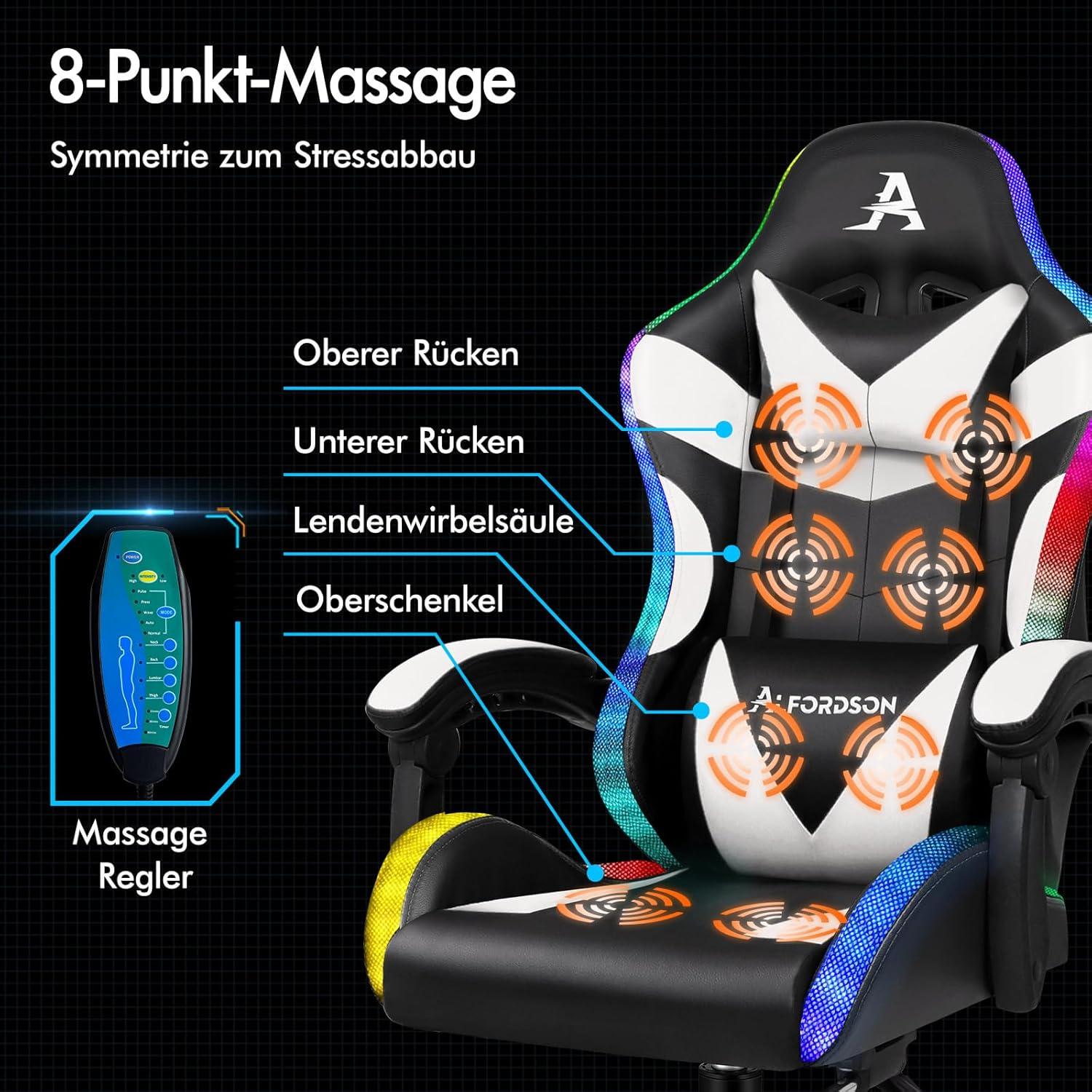 ALFORDSON LED Massage Gaming Stuhl Weiß Lyam Serie 180 kg Tragkraft