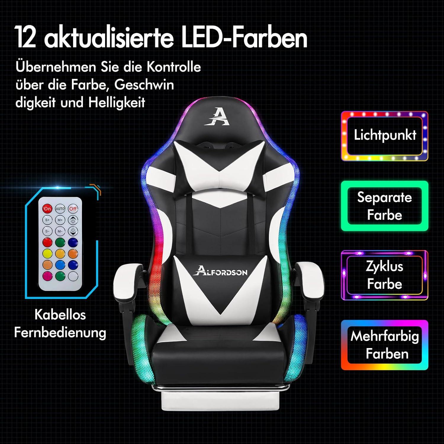 Massage Gaming Stuhl LED Neigung Chefsessel Fußstütze höhenverstellbar Rennstuhl