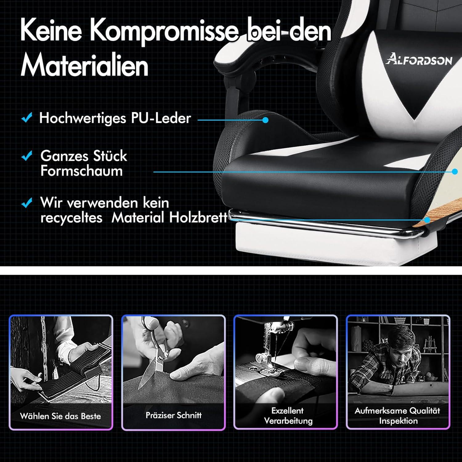 ALFORDSON LED Massage Gaming Stuhl Weiß Lyam Serie 180 kg Tragkraft