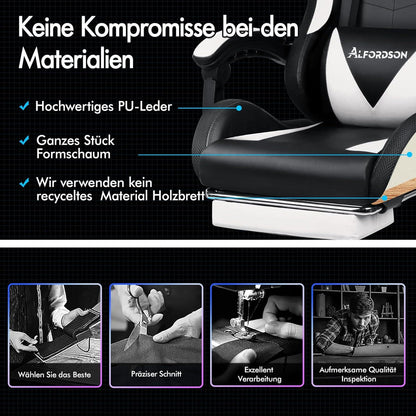 ALFORDSON LED Massage Gaming Stuhl Weiß Lyam Serie 180 kg Tragkraft