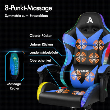 Massage-Gaming-Stuhl LED Neigung 150° ergonomisch PU-Leder Fußstütze höhenverstellbar Rennstuhl 180 kg Tragkraft Blau Lyam