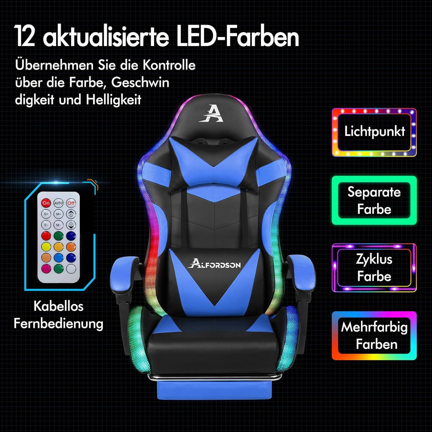 Massage-Gaming-Stuhl LED 150° Neigung ergonomisch Fußstütze Rennstuhl Blau