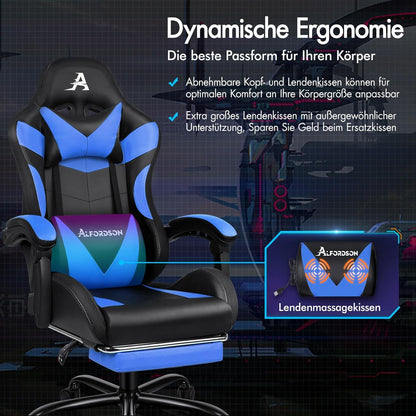 Massage-Gaming-Stuhl LED 150° Neigung ergonomisch Fußstütze Rennstuhl Blau
