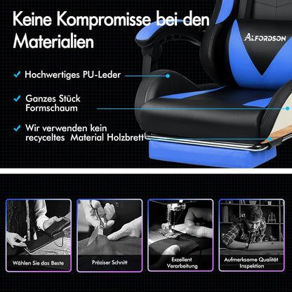 Massage-Gaming-Stuhl LED Neigung 150° ergonomisch PU-Leder Fußstütze höhenverstellbar Rennstuhl 180 kg Tragkraft Blau Lyam