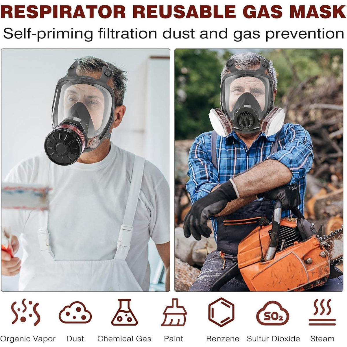 Vollgesichts Gasmaske mit Aktivkohlefilter – Schutz vor Gasen & Staub