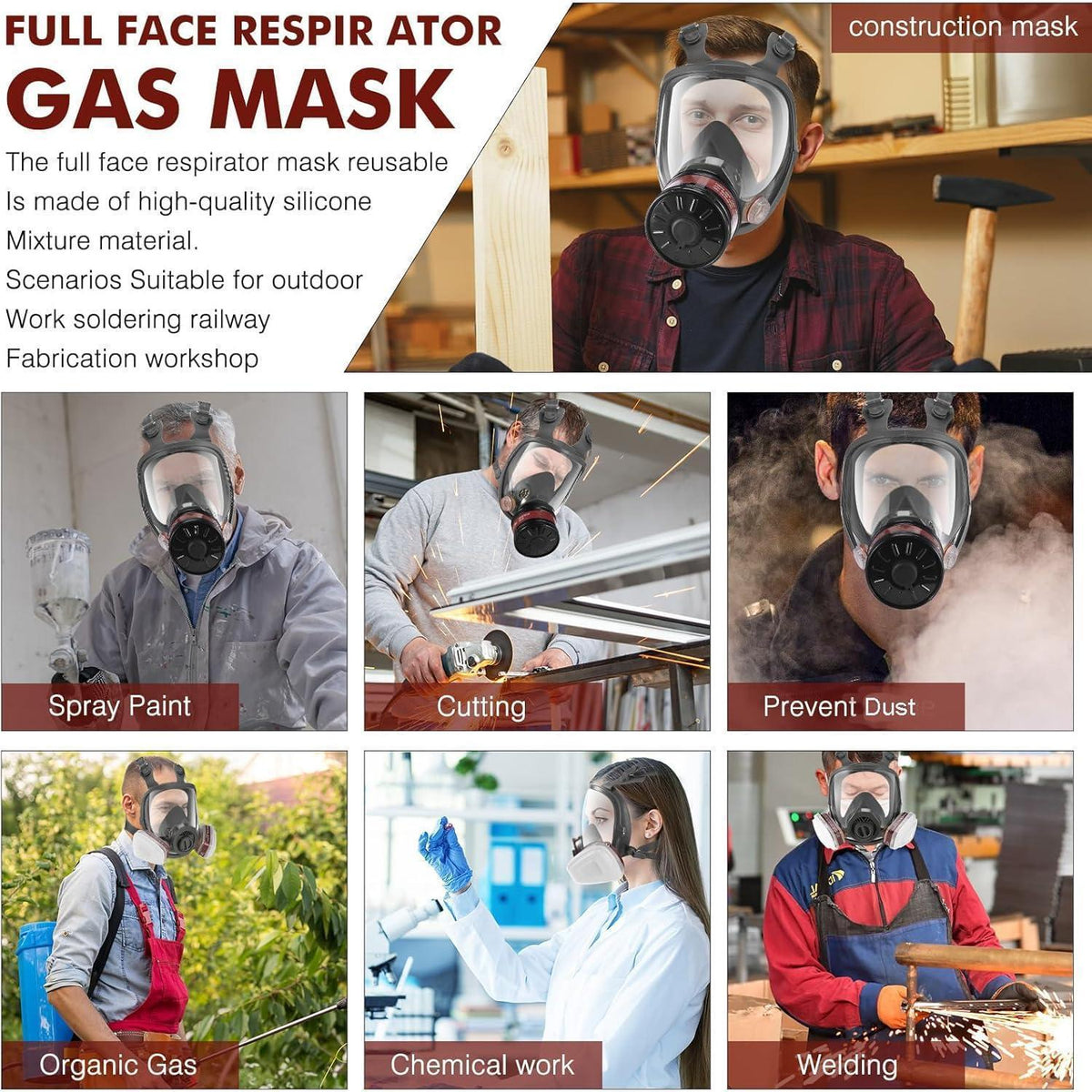 Vollgesichts Gasmaske mit Aktivkohlefilter – Schutz vor Gasen & Staub