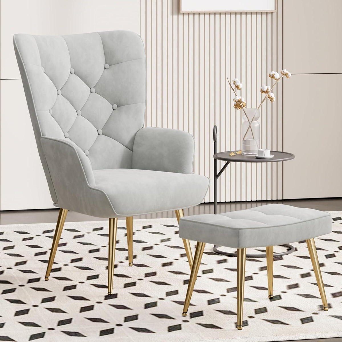 Sessel mit Hocker, grau, Bouclé, Metallbeine