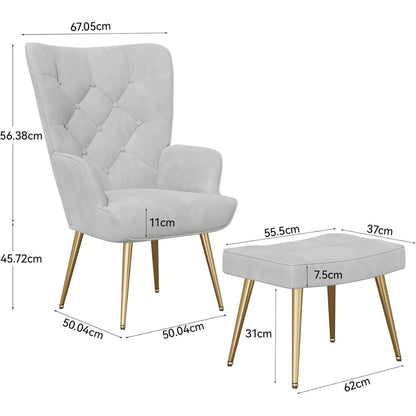 Sessel mit Hocker, grau, Bouclé, Metallbeine