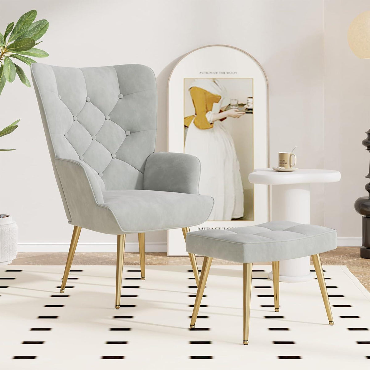 Sessel mit Hocker, grau, Bouclé, Metallbeine