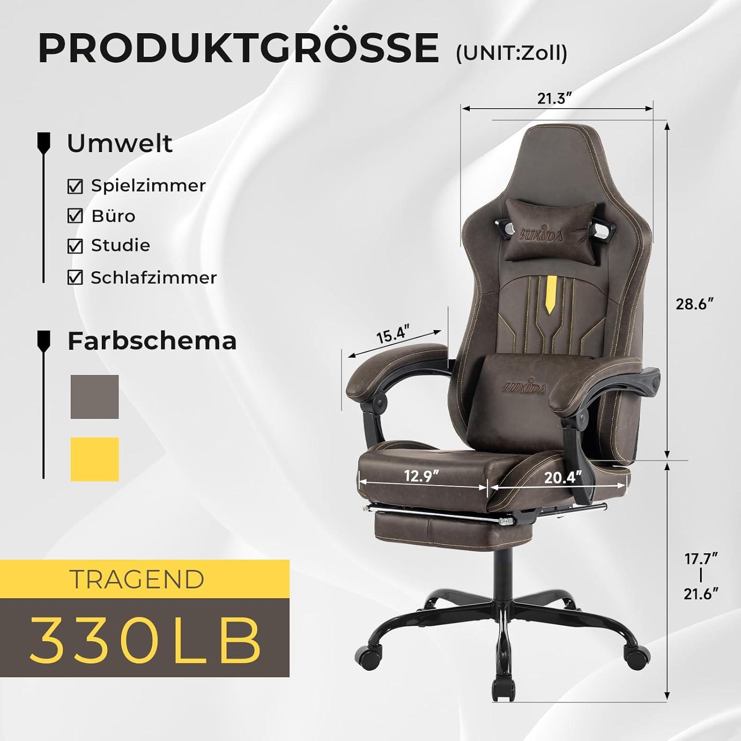 Ergonomischer Gaming Stuhl mit Fußstütze und Lendenwirbelstütze Braun