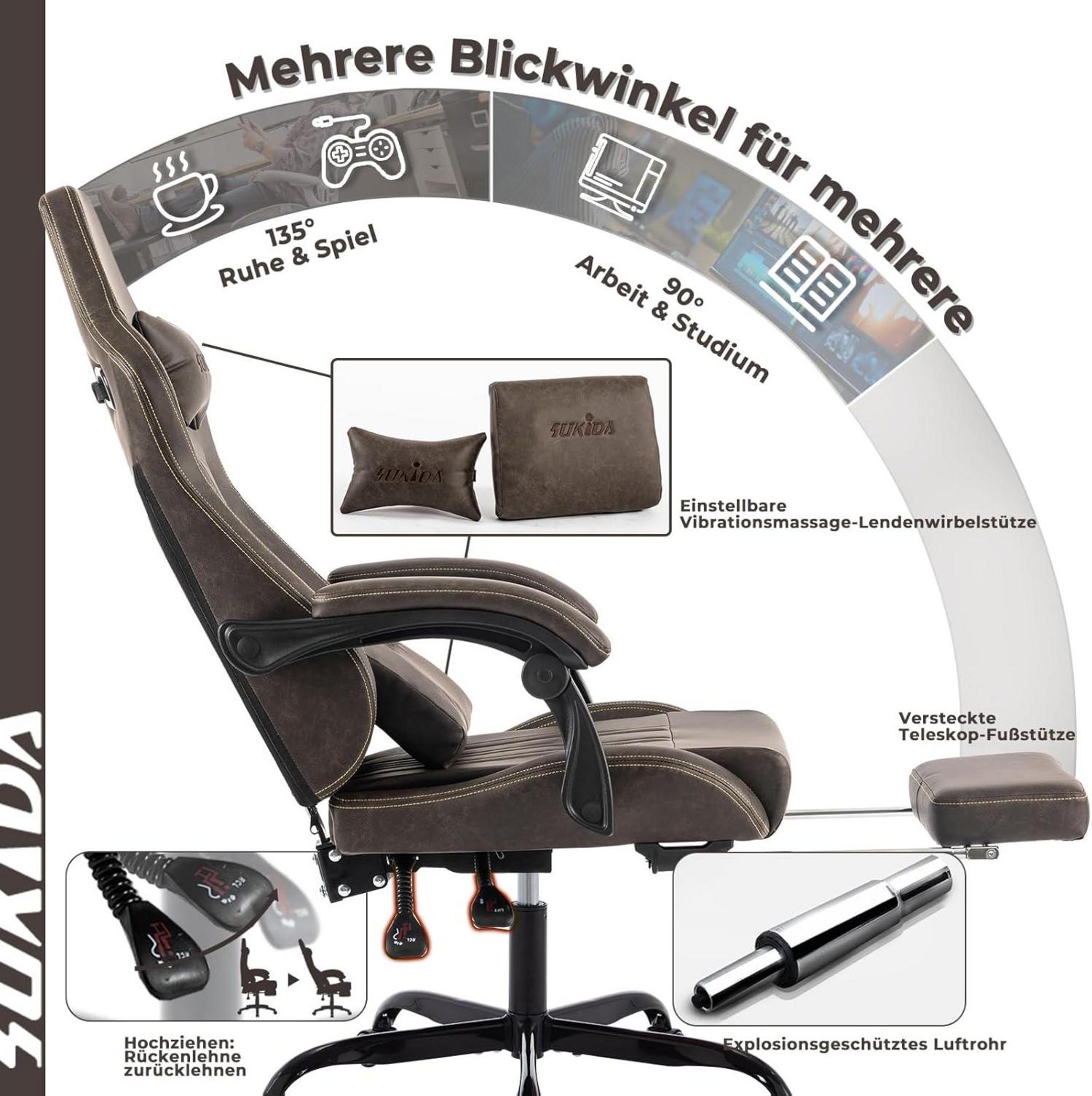 SUKIDA Gaming Stuhl mit Fußstütze und Lendenwirbelstütze, Braun