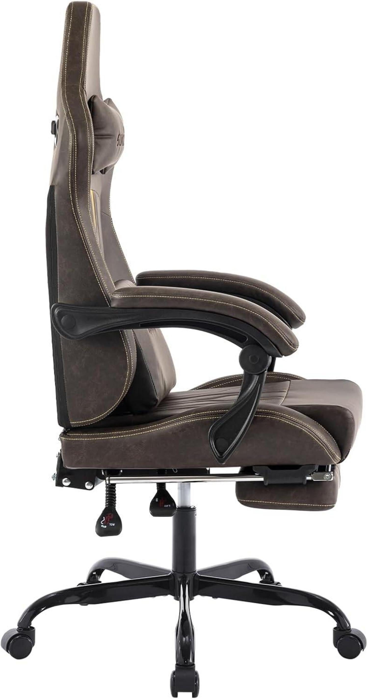 Gaming Stuhl mit Fußstütze und Lendenwirbelstütze ergonomisch Braun