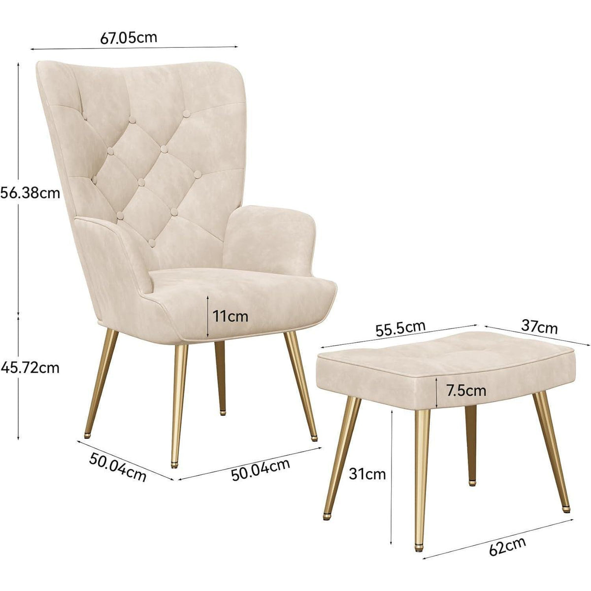 Eleganter Ohrensessel mit Hocker, Beige, bis 150 kg