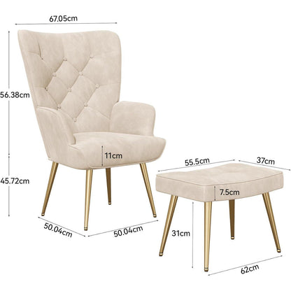 Eleganter Ohrensessel mit Hocker, Beige, bis 150 kg