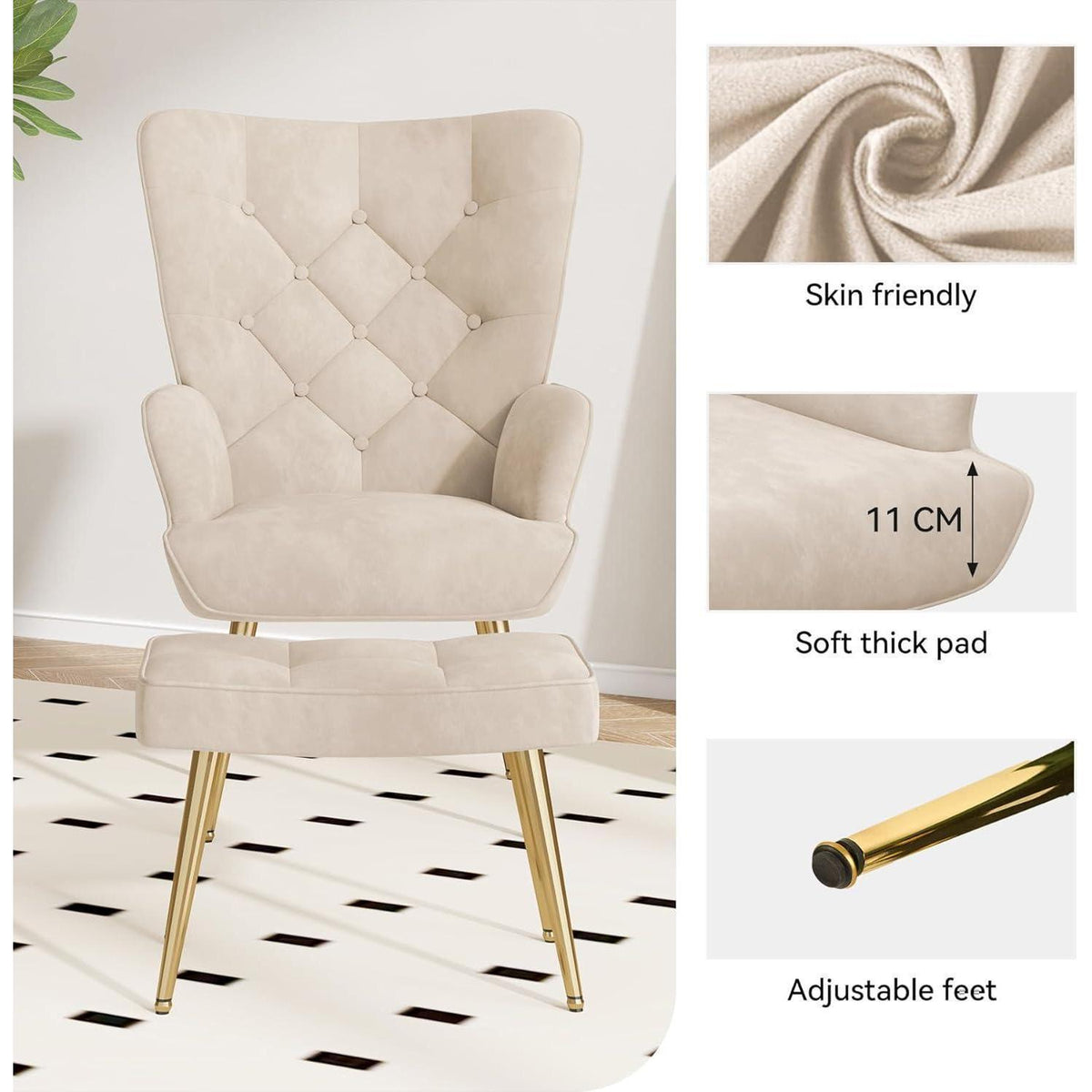 Eleganter Ohrensessel mit Hocker, Beige, bis 150 kg