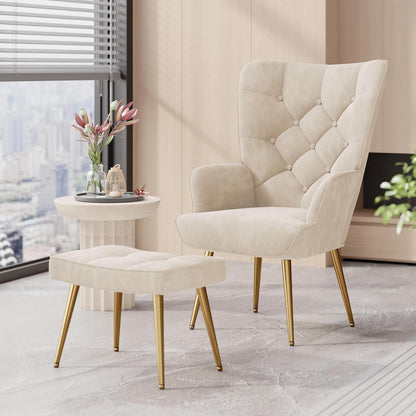 Eleganter Ohrensessel mit Hocker, Beige, bis 150 kg