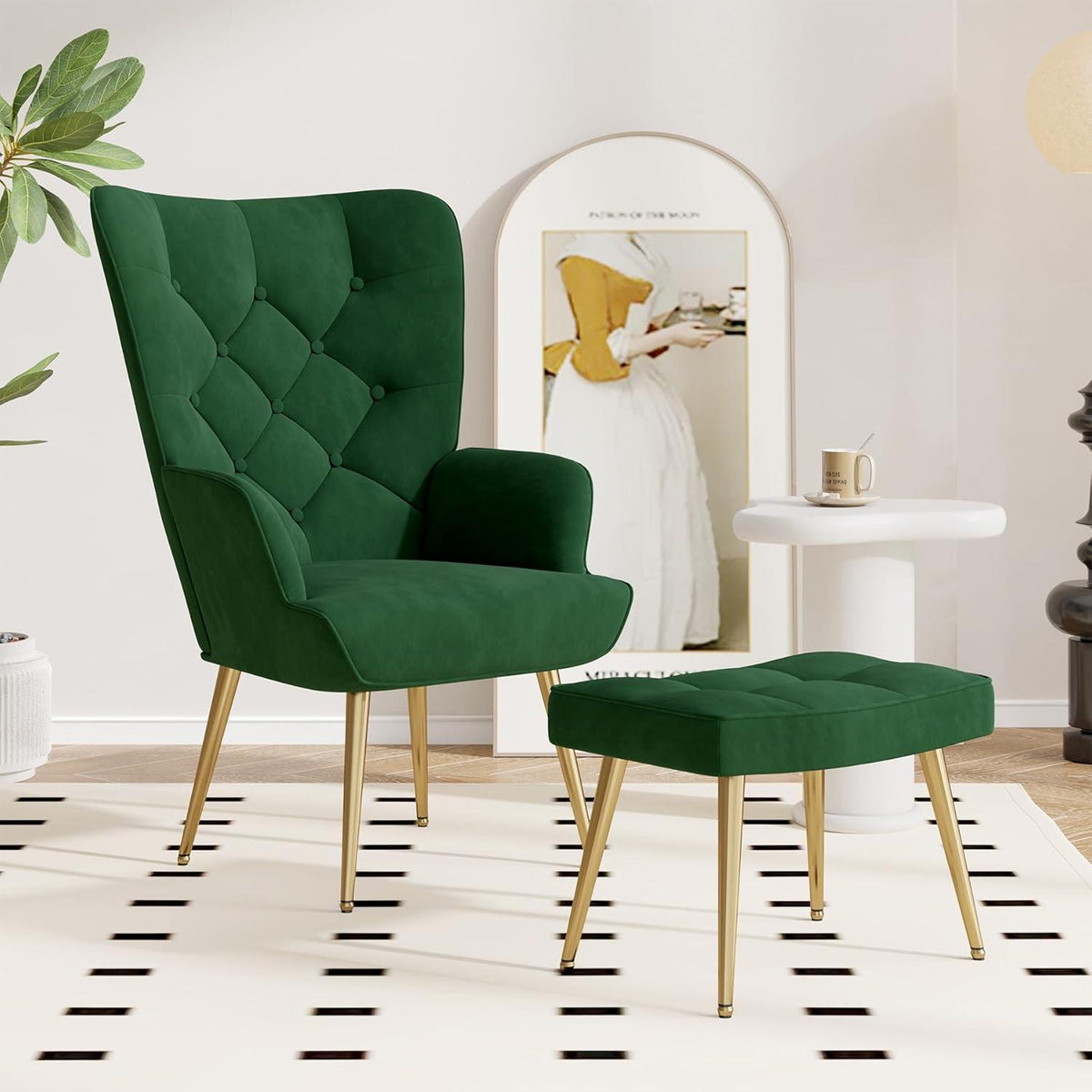 Eleganter Ohrensessel mit Hocker, Grün, Metallbeine