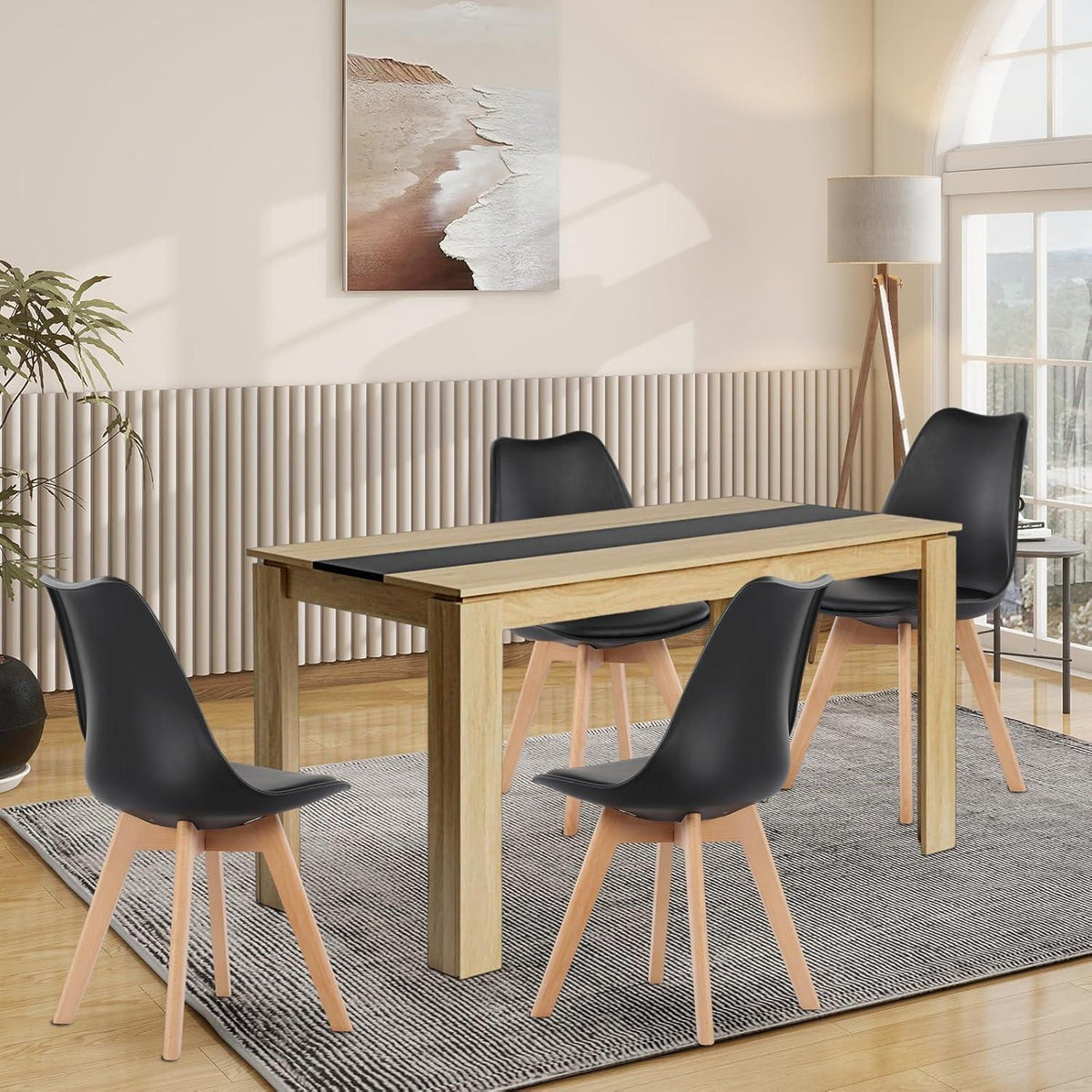 Essgruppe 140cm Eiche-Schwarz mit 4 Esszimmerstühlen