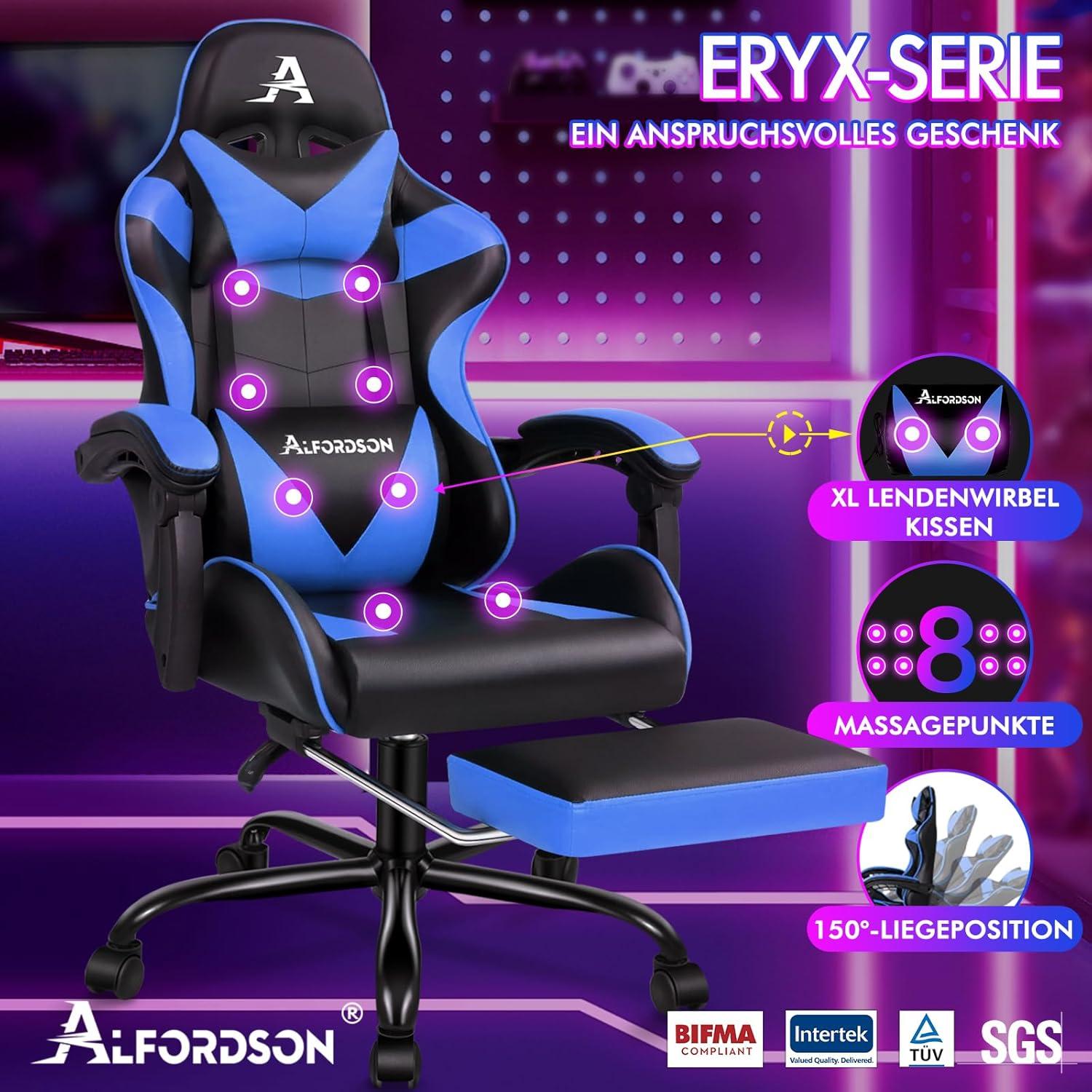 Gamer-Stuhl mit Massagepunkten, Fußstütze, Neigung, PU-Leder