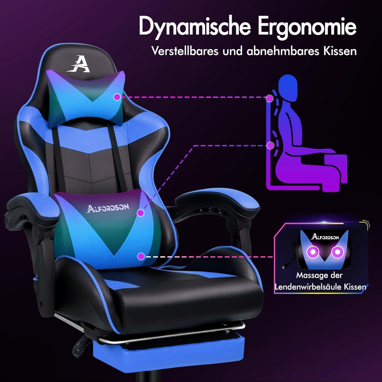 ALFORDSON Gamer-Stuhl mit Massagefunktion und Fußstütze blau Eryx-Serie