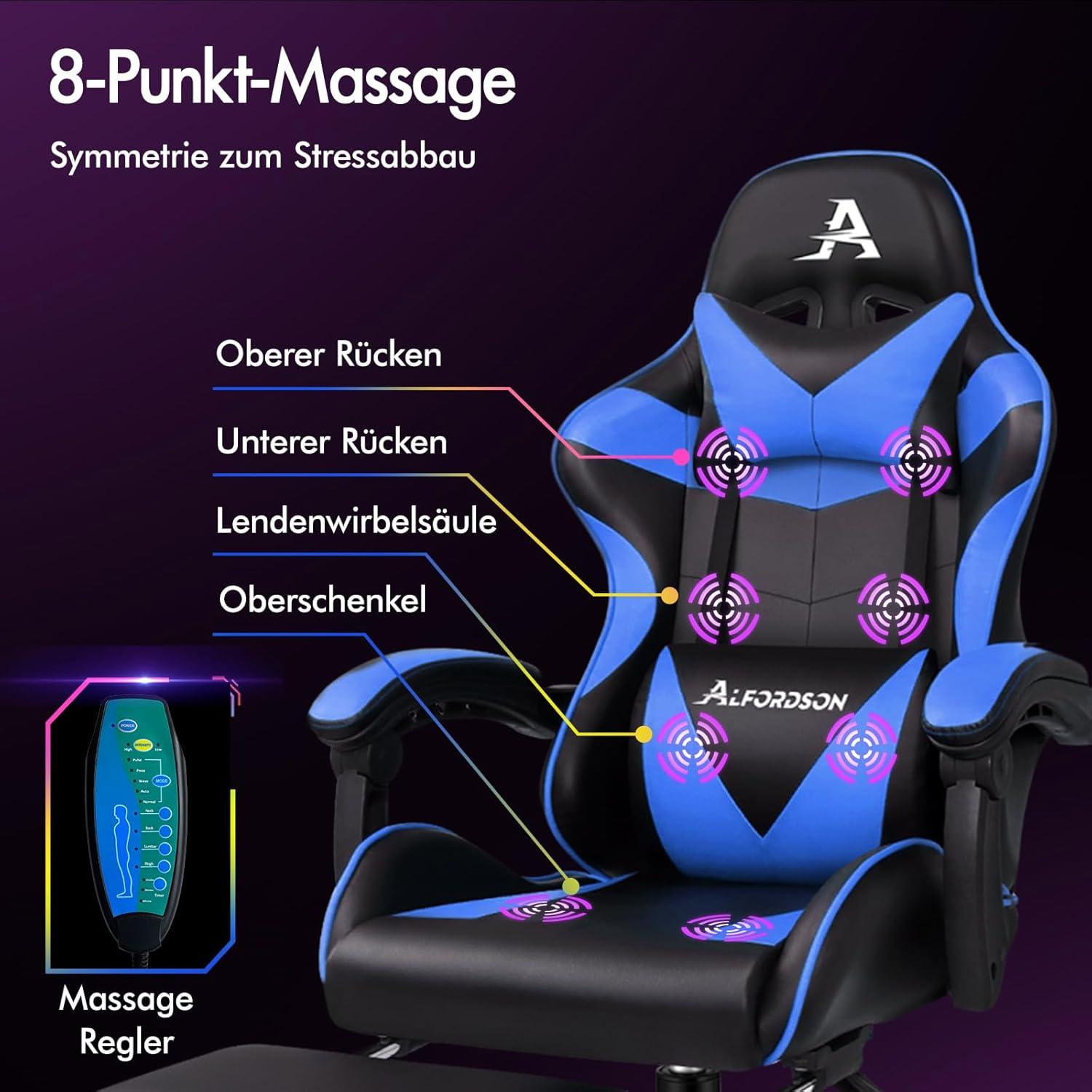 ALFORDSON Gamer-Stuhl Racing-Sessel 8 Massagepunkte 150° Neigung ergonomisch