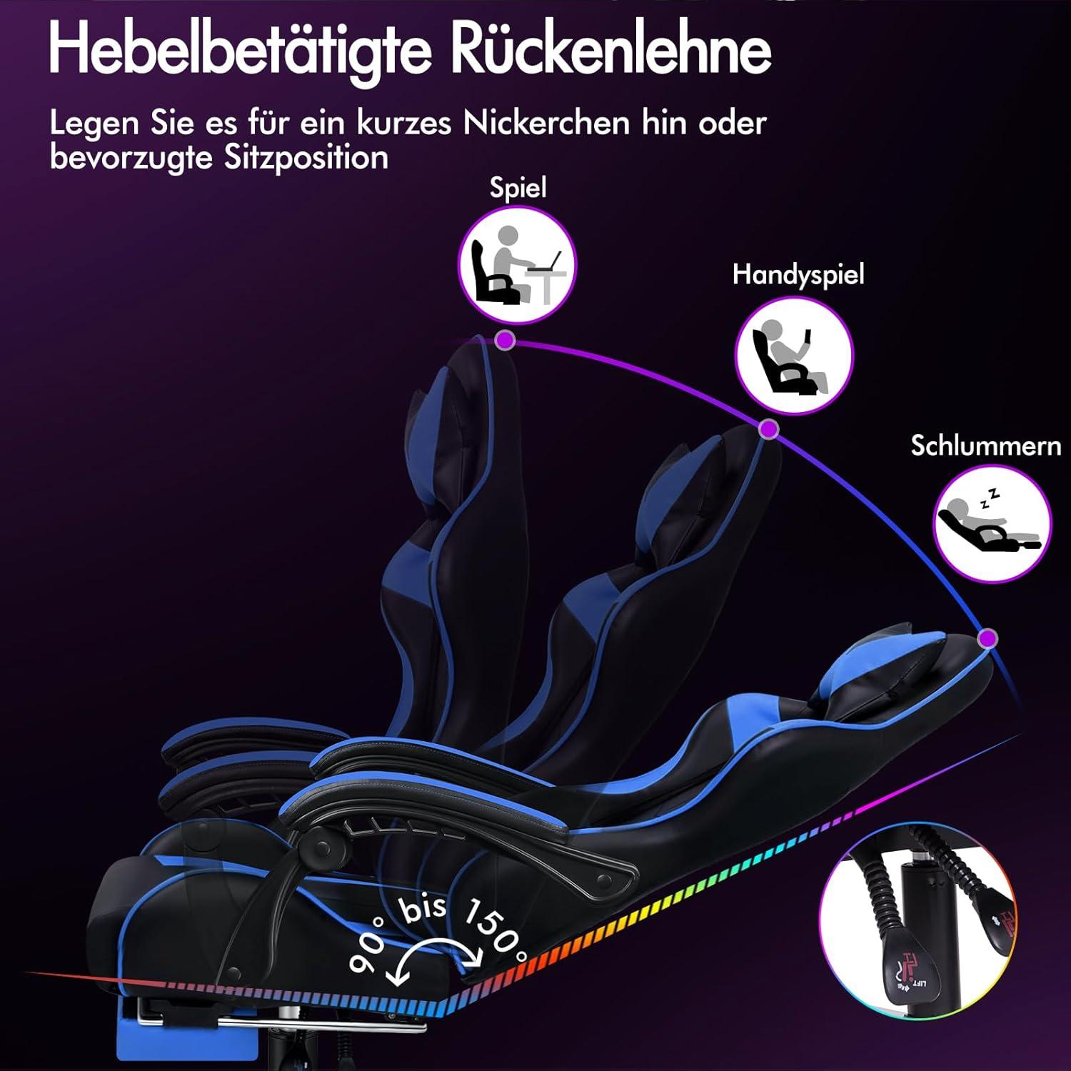 Gaming-Stuhl mit Fußstütze Massagepunkten 150° Neigung Blau Eryx