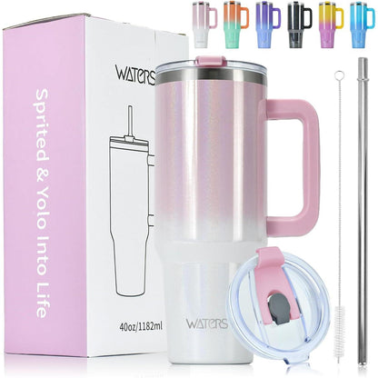Thermosbecher 1182ml mit Griff und Strohhalm, Rosa Weiß Glänzend