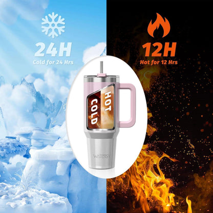 Thermosbecher 1182ml mit Griff und Strohhalm, Rosa Weiß Glänzend