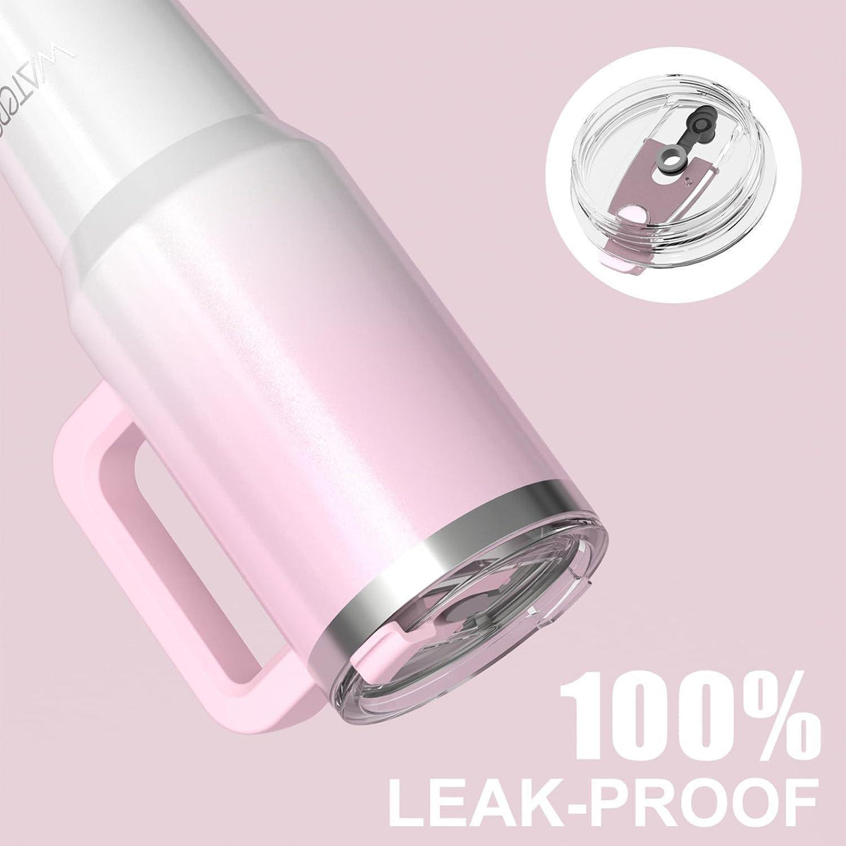 Thermosbecher 1182ml mit Griff und Strohhalm, Rosa Weiß Glänzend
