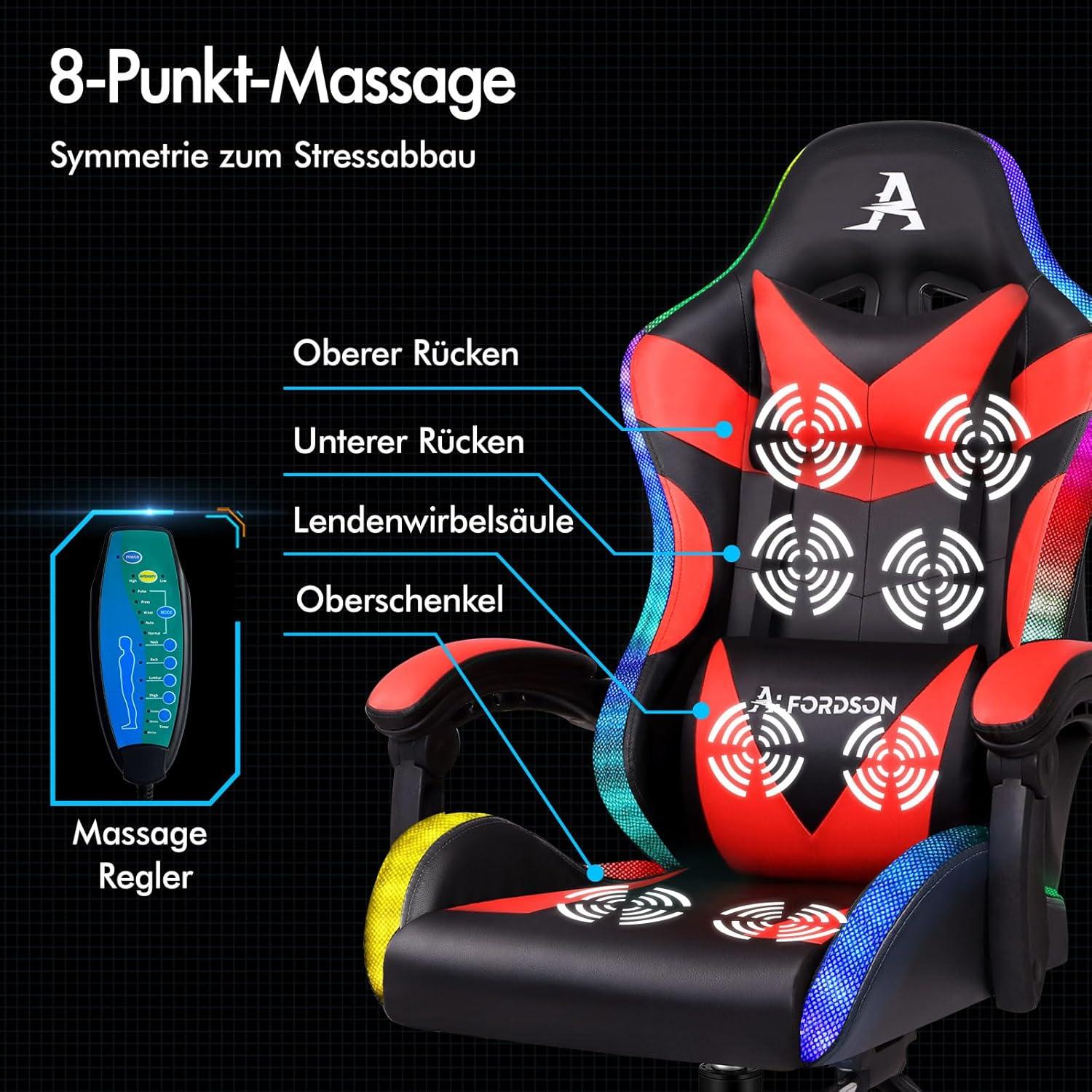 ALFORDSON Massage-Gaming-Stuhl mit LED, ergonomischer Chefsessel, höhenverstellbar, 180 kg