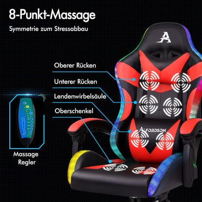 ALFORDSON Massage-Gaming-Stuhl mit LED, ergonomischer Chefsessel, höhenverstellbar, 180 kg