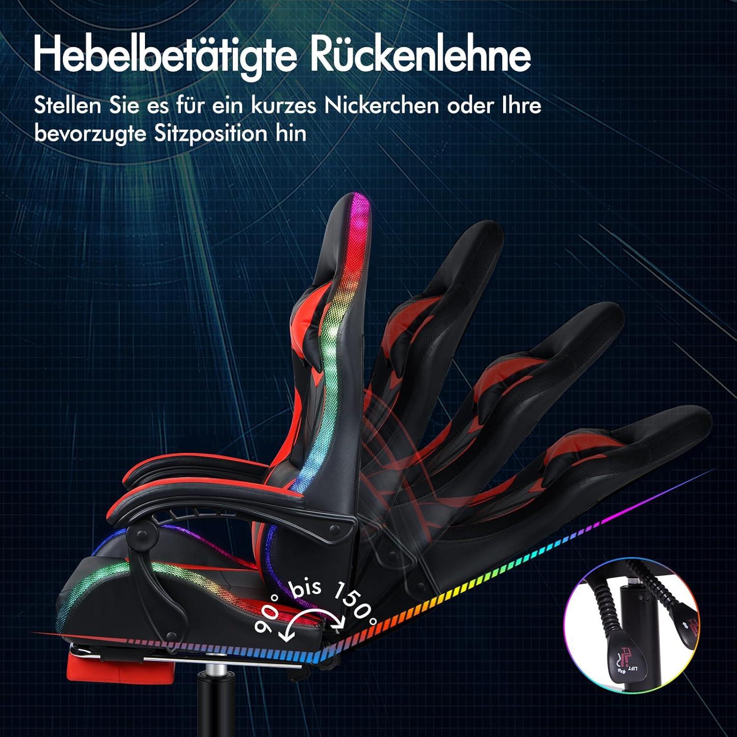 Massage-Gaming-Stuhl mit LED, 150° Neigung, ergonomischer