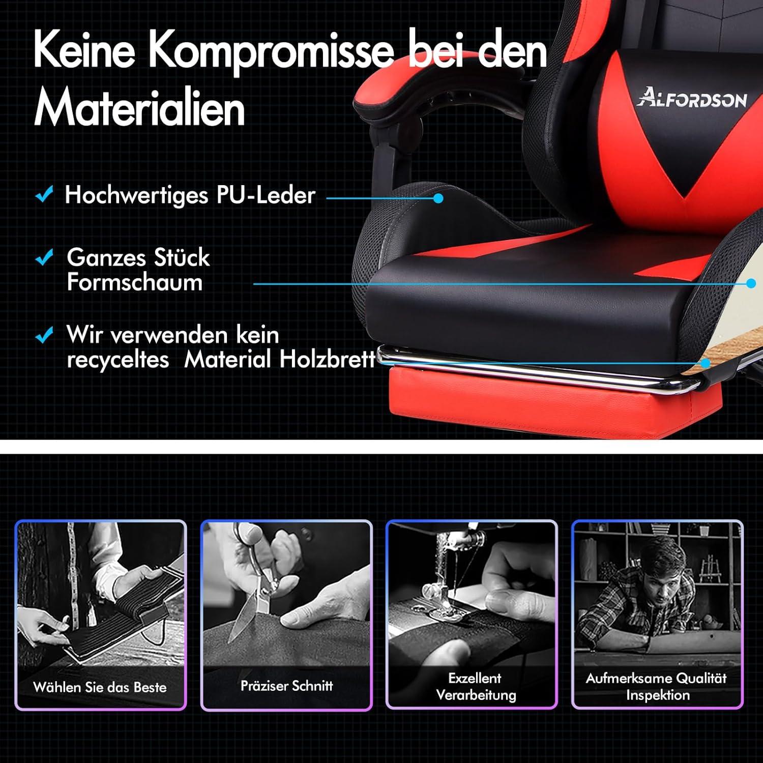 Gaming Stuhl LED Massage 150° Neigung PU-Leder höhenverstellbar 180 kg Rot