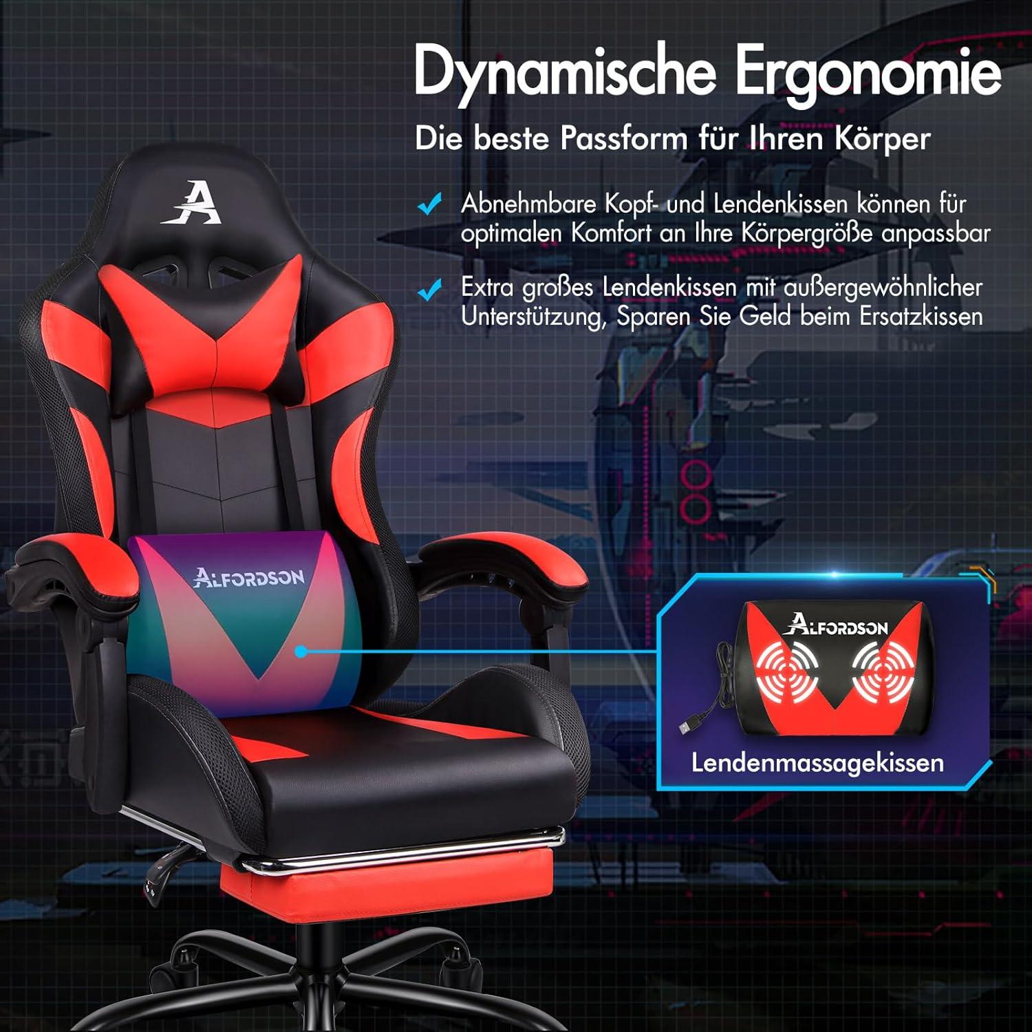 ALFORDSON Massage-Gaming-Stuhl mit LED, ergonomischer Chefsessel, höhenverstellbar, 180 kg