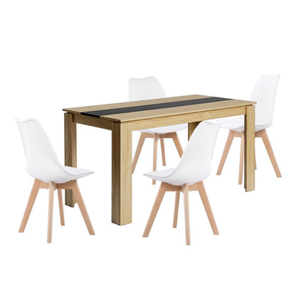 Essgruppe 140cm Eiche-Schwarz Tisch mit 4 weißen Stühlen