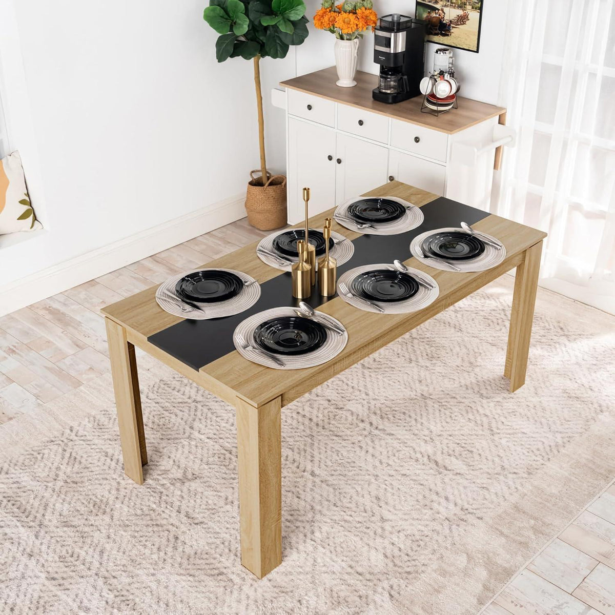 Essgruppe Esstisch 160cm Eiche & 6 Esszimmerstühle Schwarz