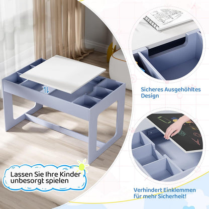 Kindersitzgruppe mit Stauraum, Kindertisch 2 Stühle, Wendbare Tischplatte Blau