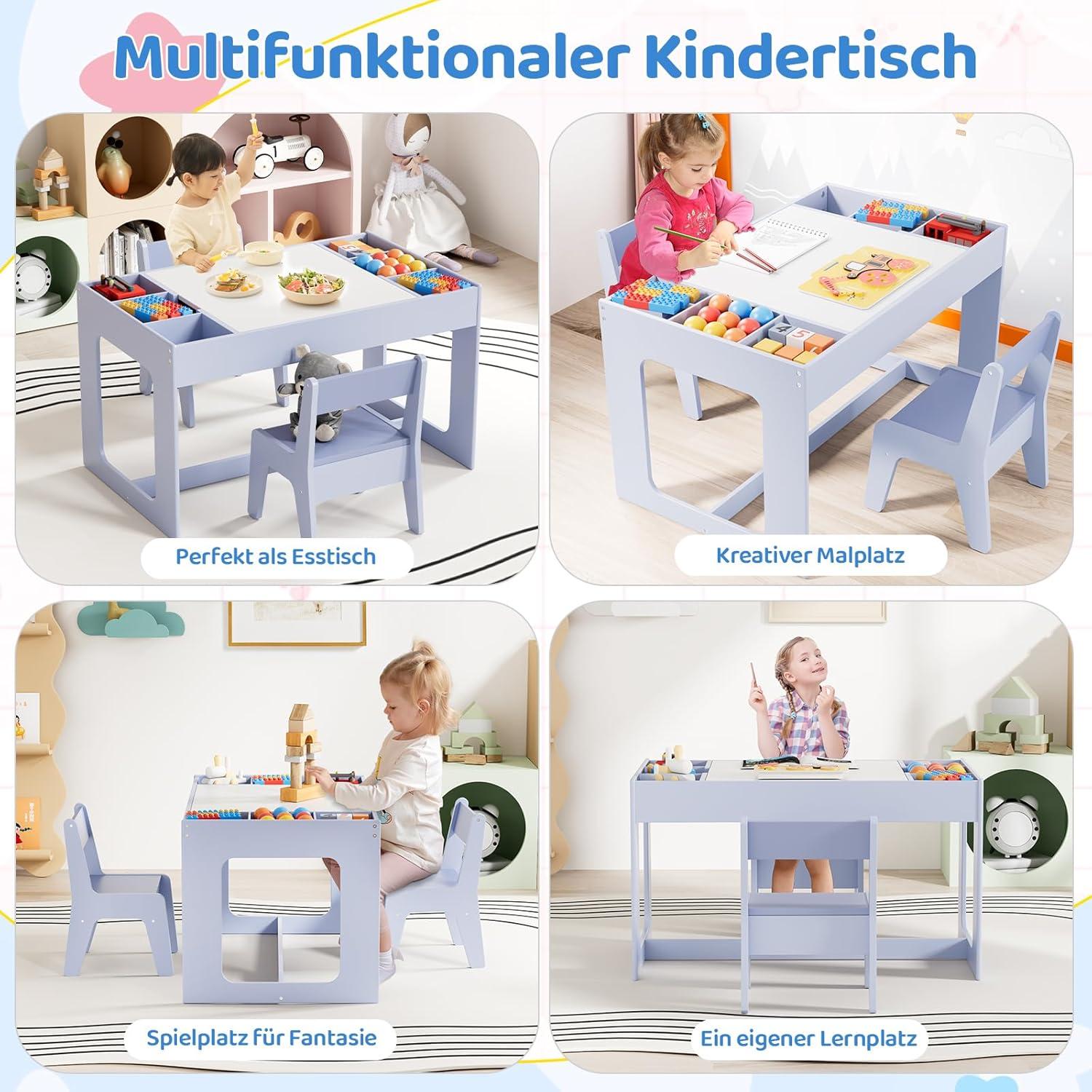 Kindersitzgruppe mit Stauraum, Kindertisch 2 Stühle, Wendbare Tischplatte Blau